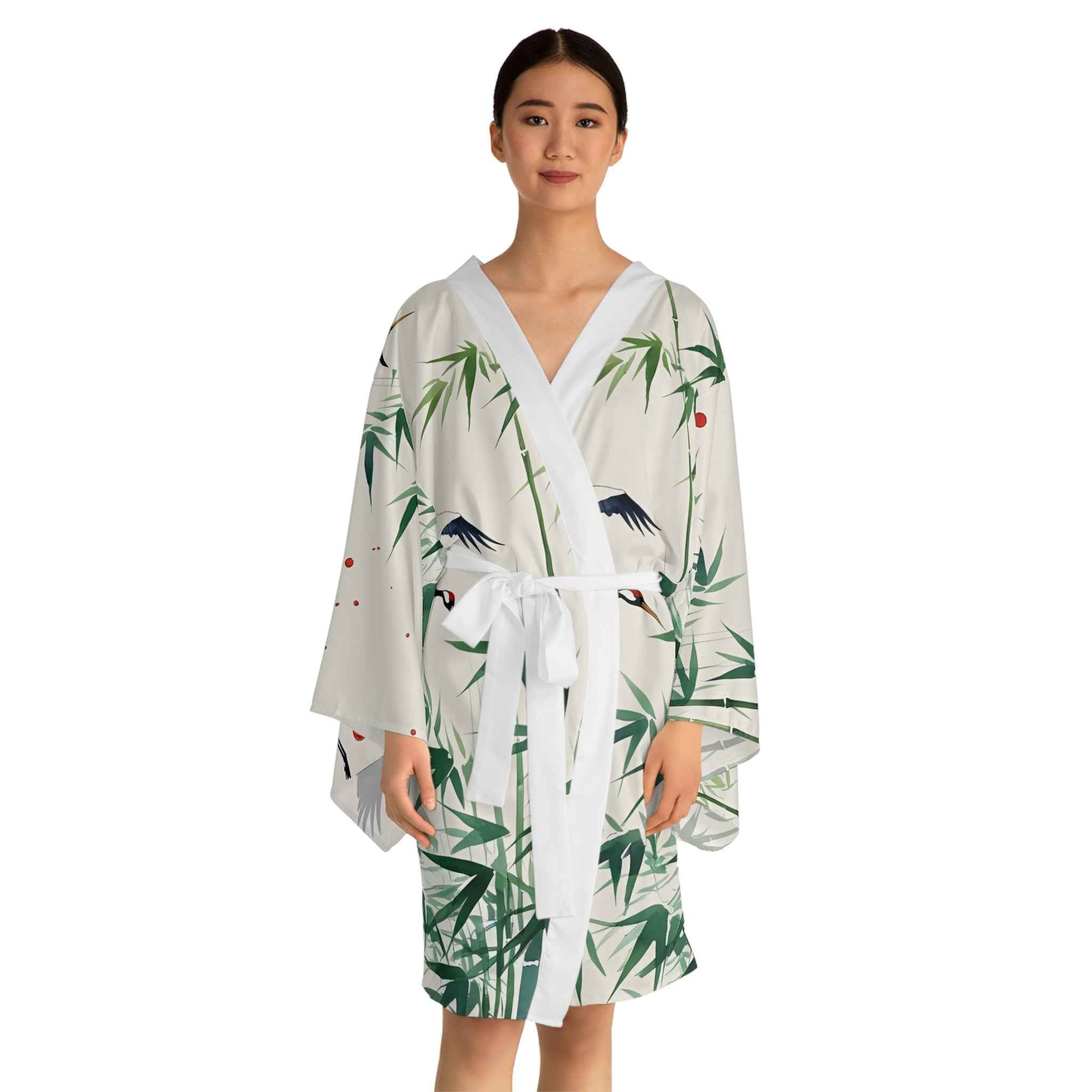 Elegant Crane Print Kimono Robe for Spa Days and Relaxation - Boho Fashion Gift for Her - Rosetta Creative Boutique